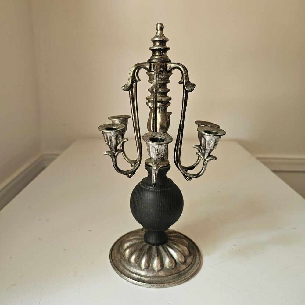 Vintage Victorian Gothic Style 6 Arm Silver Tone Candelabra Black Wood Base
